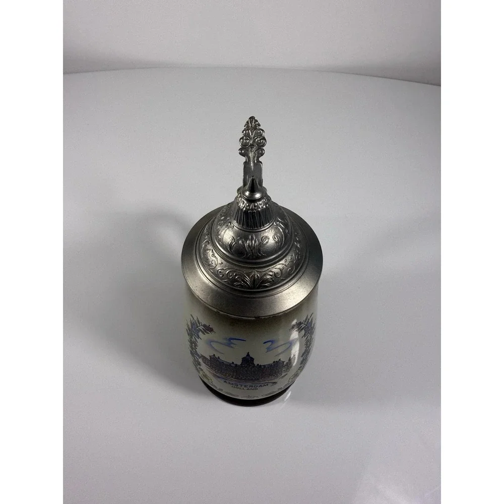 Vintage Original King Handmade Ceramic Beer Stein with Pewter Lid‎